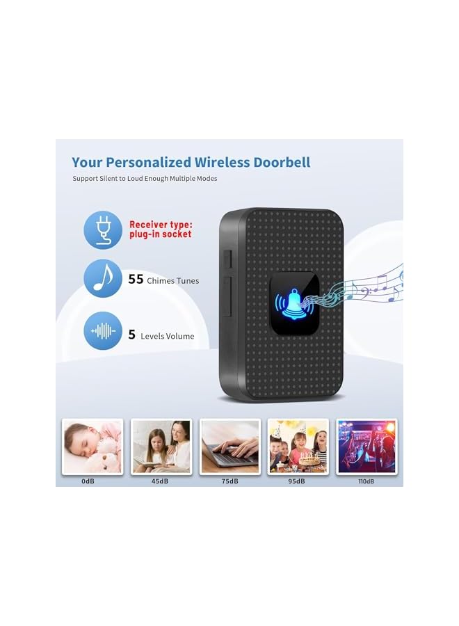 promass Wireless Doorbell, Battery Operated Doorbell, Easy installation Portable Waterproof Door Bell kit with 1000 Feet Long Range, 55 Chimes Adjustable Volume, 2 Buttons 1 Receiver, Black - Image 3