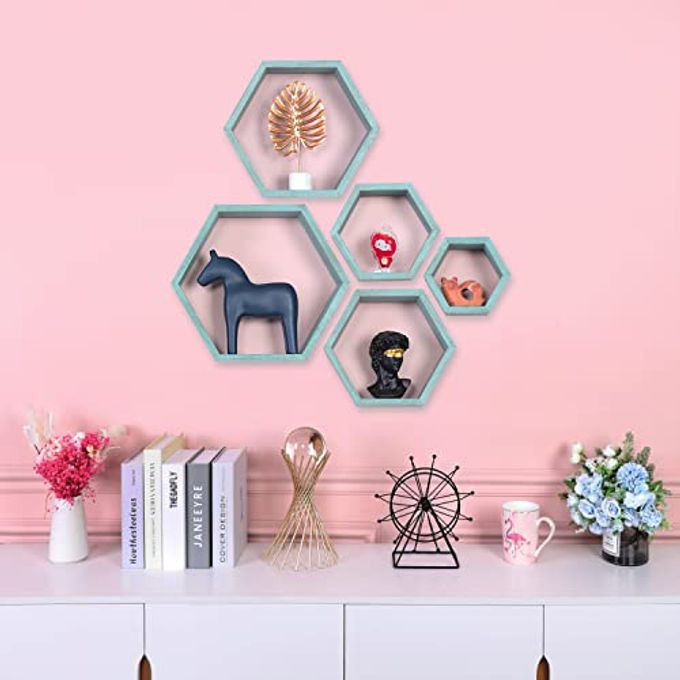 PHOENANCEE Hexagon Floating Shelves,Wall Mounted Wood Farmhouse Storage Honeycomb Wall Shelf Set of 5,for Bathroom, Kitchen, Bedroom, Living Room,Office,Driftwood Finish (Ocean Blue) - Image 5