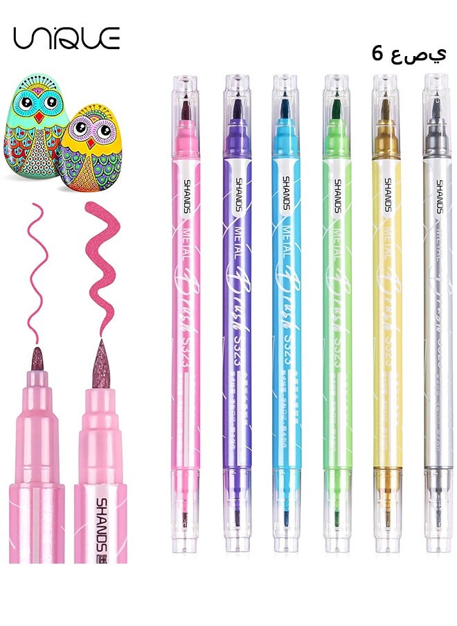 Unique 6 Colors Metallic Acrylic Paint Markers Pen Set, Fine & Flexible Brush Dual Tips Marker Pens, Fine Tip Paint Pens, Art Crafting Supplies for Painting on Stone, Glass, Canvas, Wood  - Image 1