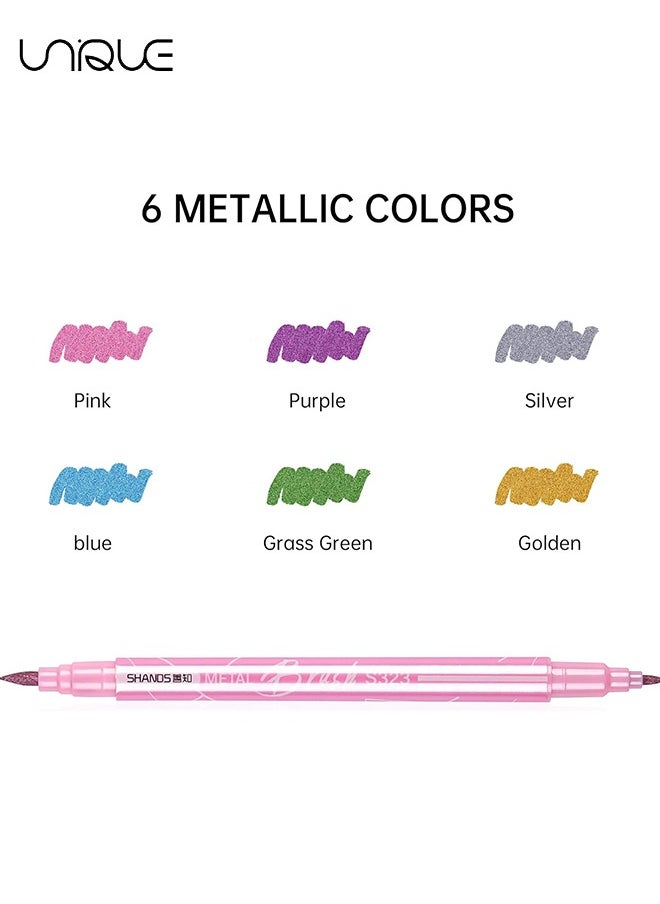 Unique 6 Colors Metallic Acrylic Paint Markers Pen Set, Fine & Flexible Brush Dual Tips Marker Pens, Fine Tip Paint Pens, Art Crafting Supplies for Painting on Stone, Glass, Canvas, Wood  - Image 2