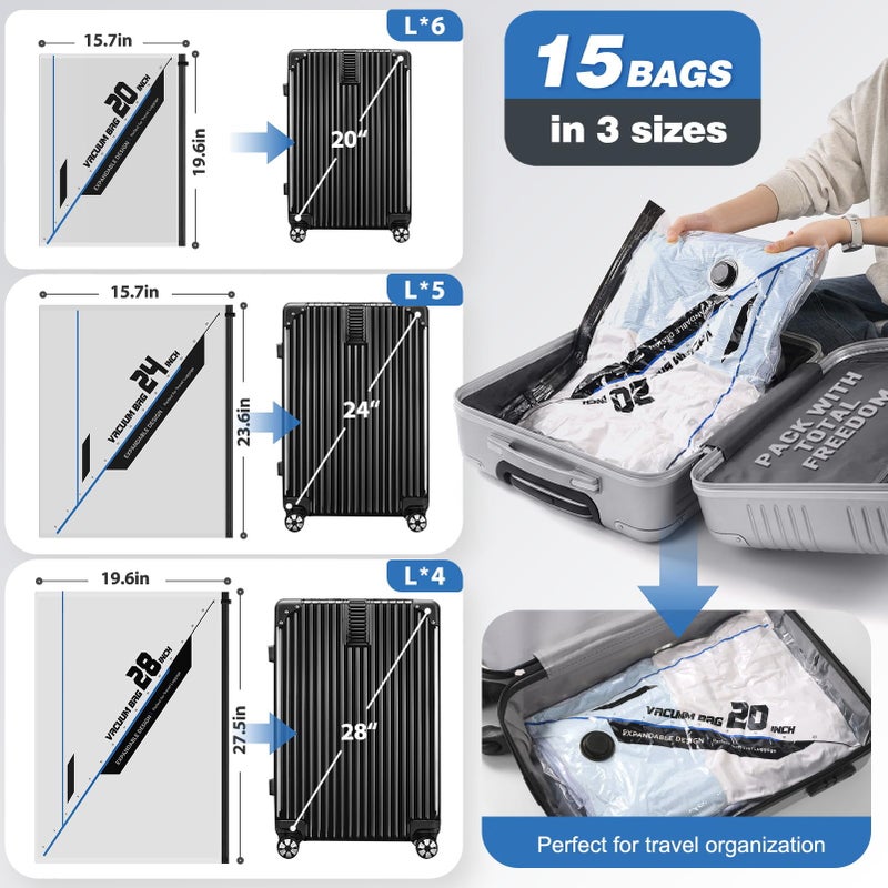 Hatisan 15pcs Vacuum Seal Bags for Clothing Travel with Rechargeable Electric Pump, Reusable Space Saver Vacuum Seal Storage Bags, Travel Vacuum Bags for Clothes Carry-On Luggage Home(15pcs,20/24/28) - Image 4