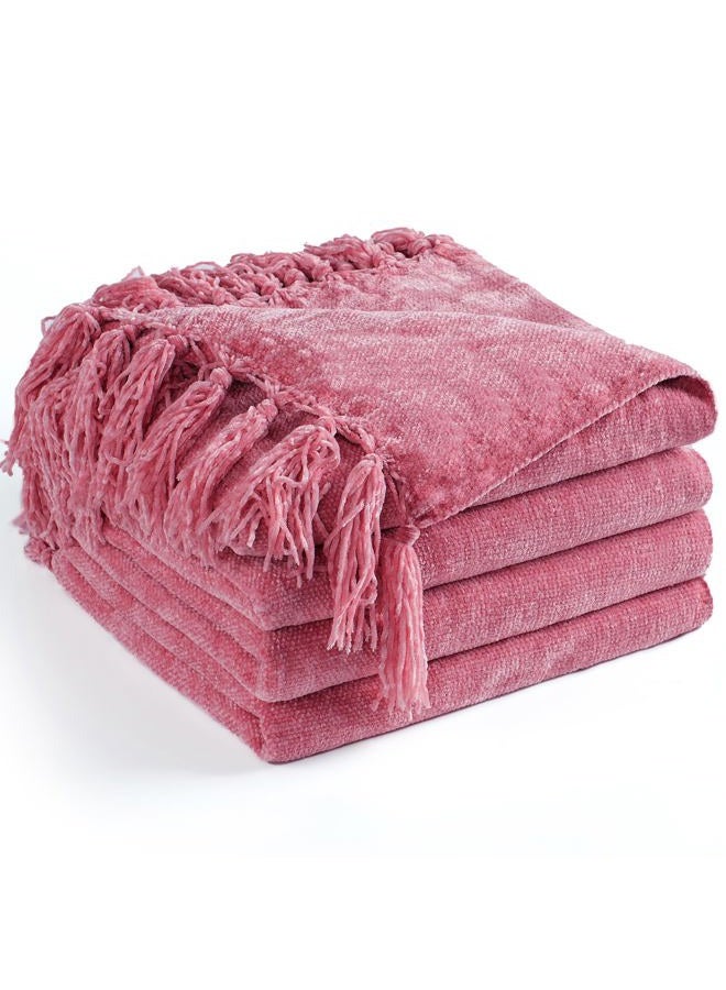 LONG CREATE Chenille Throw Blanket for Couch 50"X 60", Soft Cozy Throws with Fringe Tassel for Bed Sofa Chair Cover, Lightweight Knitted Decorative Boho Blankets for Living Room, Rose Pink - Image 1