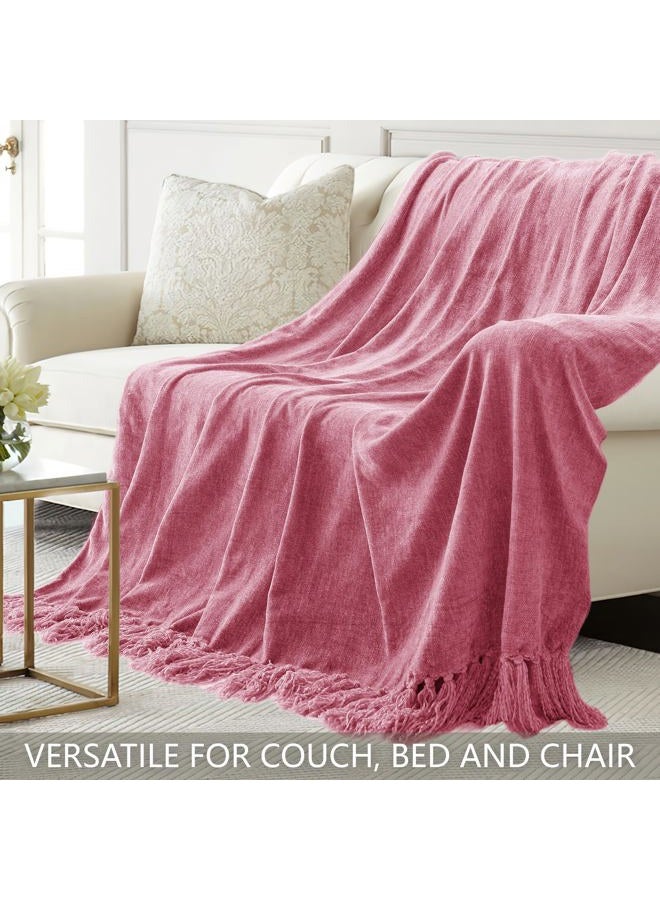 LONG CREATE Chenille Throw Blanket for Couch 50"X 60", Soft Cozy Throws with Fringe Tassel for Bed Sofa Chair Cover, Lightweight Knitted Decorative Boho Blankets for Living Room, Rose Pink - Image 4