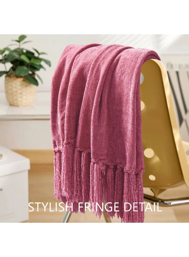 LONG CREATE Chenille Throw Blanket for Couch 50"X 60", Soft Cozy Throws with Fringe Tassel for Bed Sofa Chair Cover, Lightweight Knitted Decorative Boho Blankets for Living Room, Rose Pink - Image 3