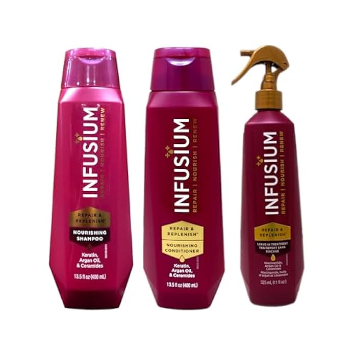 Infusium Professional Shampoo 13.5 oz, Conditioner 13.5 oz, and Leave-In Treatment 11 oz Set - Repair & Replenish - 3 Bottles - Image 1