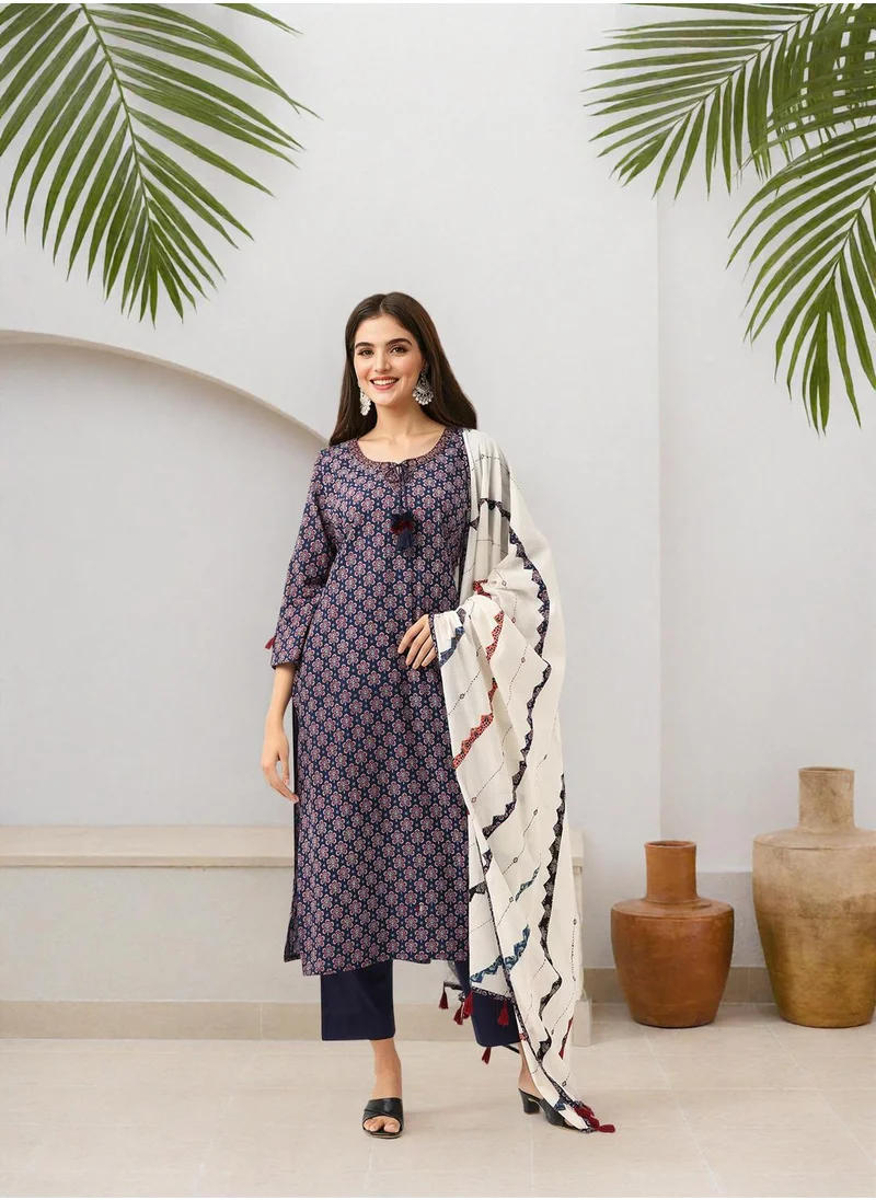 ISHIN WOMEN Navy Cotton Kurta Sets 3pcs sets