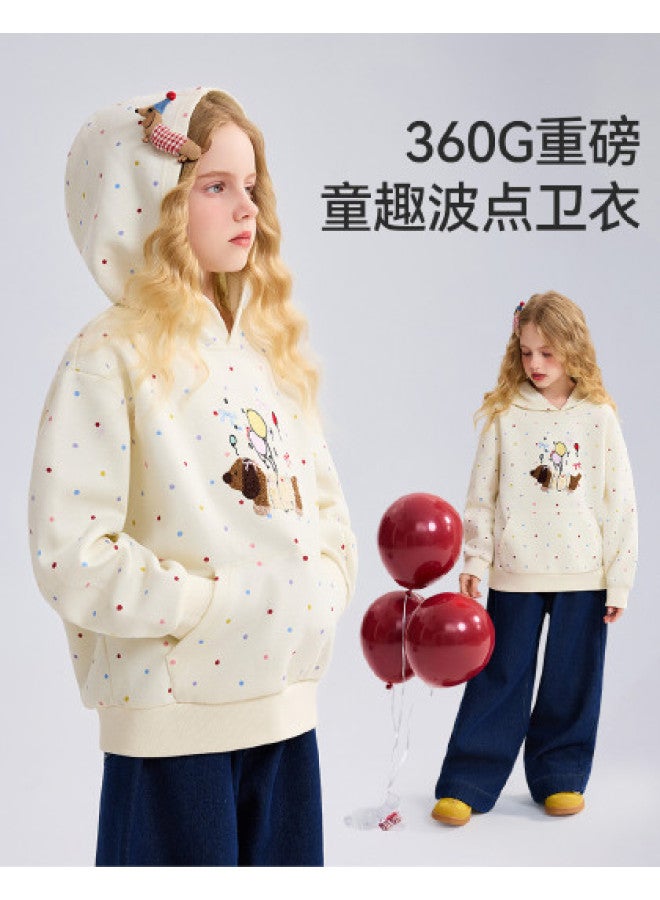 ASK JUNIOR هودي أطفال 2025 خريف متوسط إلى كبير هودي بأكمام طويلة للبنات مع نقاط بولكا لطيفة وصورة جرو - Image 1