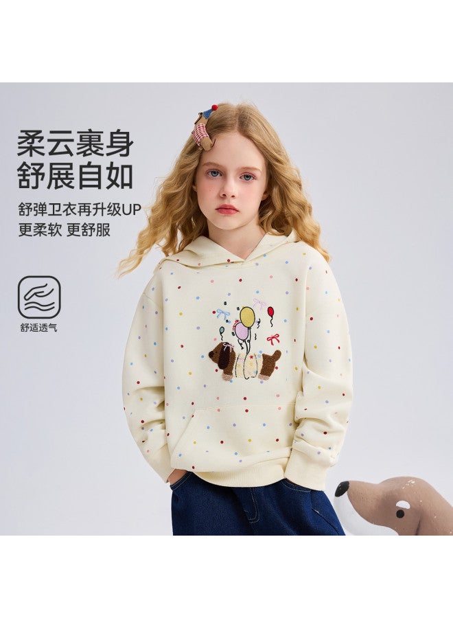 ASK JUNIOR هودي أطفال 2025 خريف متوسط إلى كبير هودي بأكمام طويلة للبنات مع نقاط بولكا لطيفة وصورة جرو - Image 3