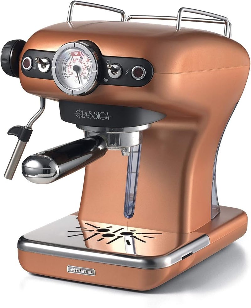 Ariete Classica Espresso Coffee Machine with Manometer and Milk Frother, Auto Shut-off, Cappuccino Maker, Ground Coffee and ESE Pod Compatible, 850W, 15 Bar, for Home and Office - Copper ART1389KU - Image 1