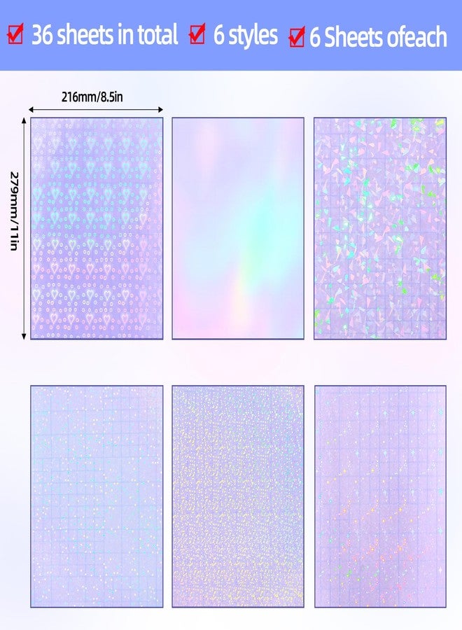 Cosrk 36 Sheets Holographic Laminating Sheets, 8.5x11 Inch Clear Holographic Sticker Paper with Self-Adhesive Waterproof Vinyl Overlay, 6 Patterns Transparent Laminate Film for DIY Stickers, Photos, Crafts - Image 3