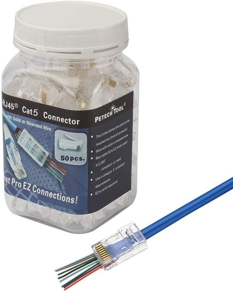 PETECHTOOL RJ45 CAT5 CAT5e Pass Through Connectors 50Pack End Ethernet 8P8C GoldPlated Modular Plug for Unshielded Twisted Pair Solid Wire Standard Cables - Image 3