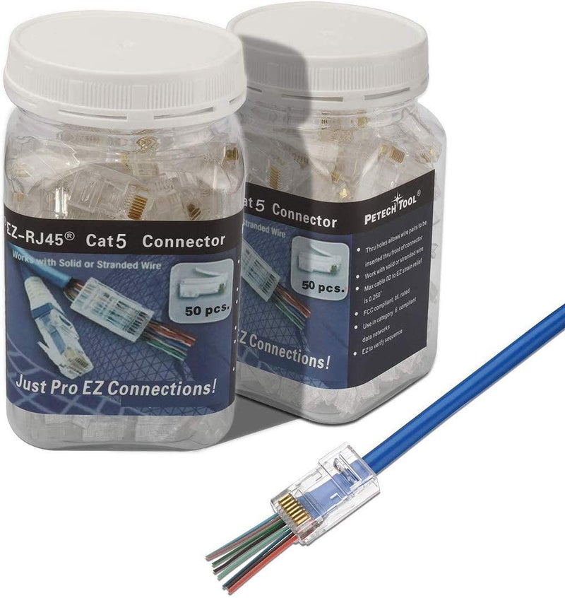 PETECHTOOL RJ45 CAT5 CAT5e Pass Through Connectors 50Pack End Ethernet 8P8C GoldPlated Modular Plug for Unshielded Twisted Pair Solid Wire Standard Cables - Image 2