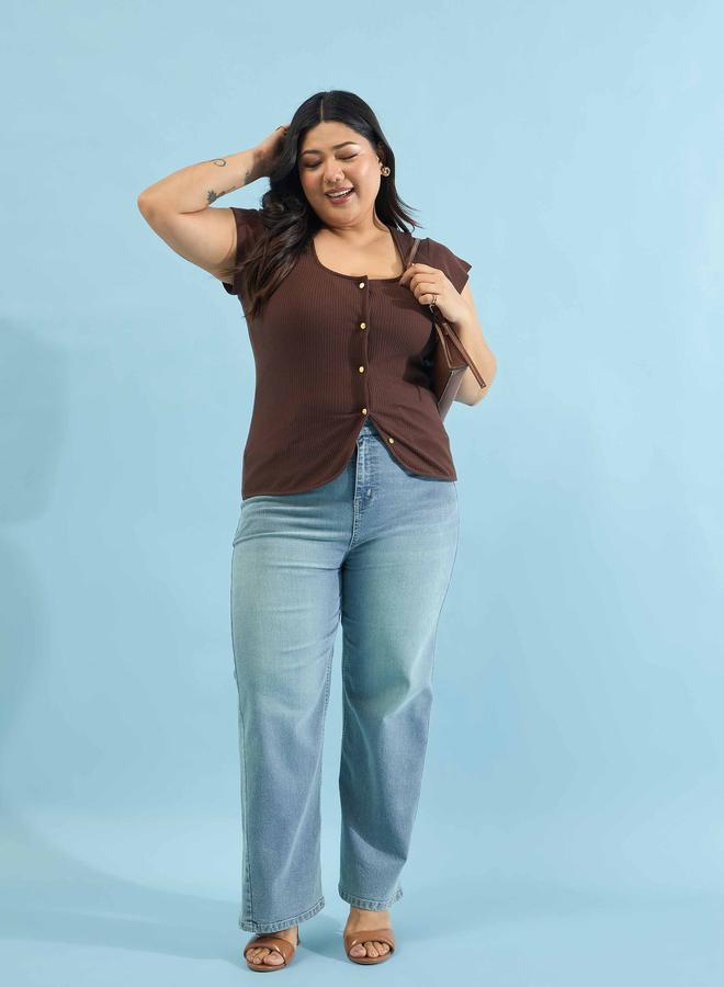 SASSAFRAS Brown Plus Rib Square-Neck Button Down Top - Image 2