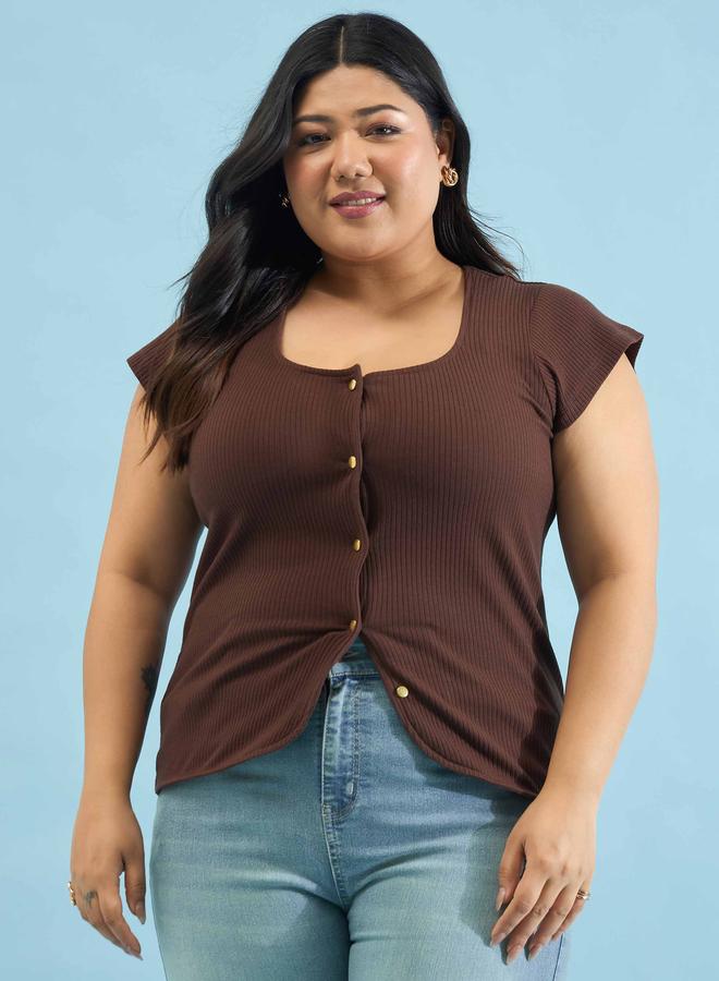 SASSAFRAS Brown Plus Rib Square-Neck Button Down Top - Image 1