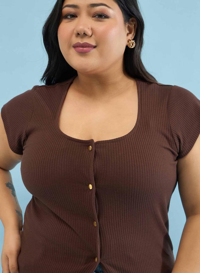 SASSAFRAS Brown Plus Rib Square-Neck Button Down Top - Image 3