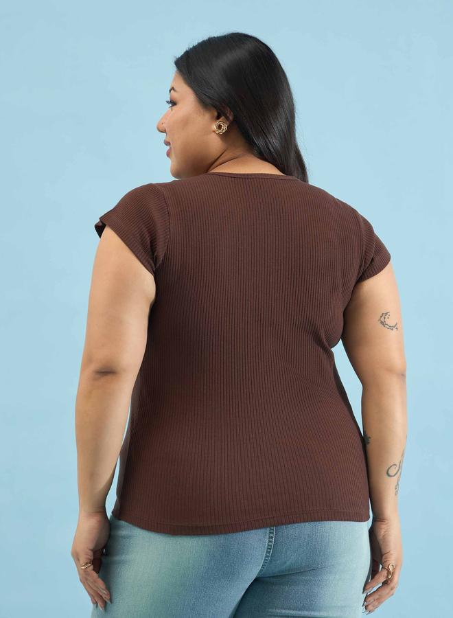 SASSAFRAS Brown Plus Rib Square-Neck Button Down Top - Image 4