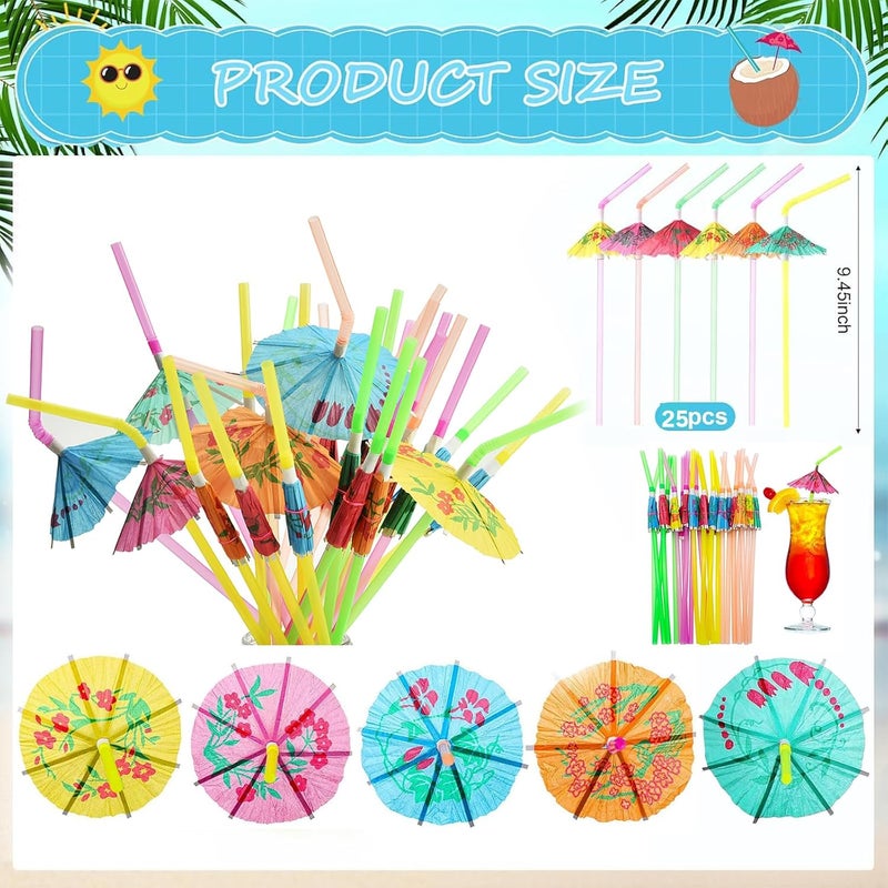 Haundry 24pcs Umbrella Straws, Long Cocktail Umbrella Party Straws, Plastic Drinking Straws for Tropical Summer Beach Luau Tiki Hawaiian Party Decorations, Umbrella - Image 2
