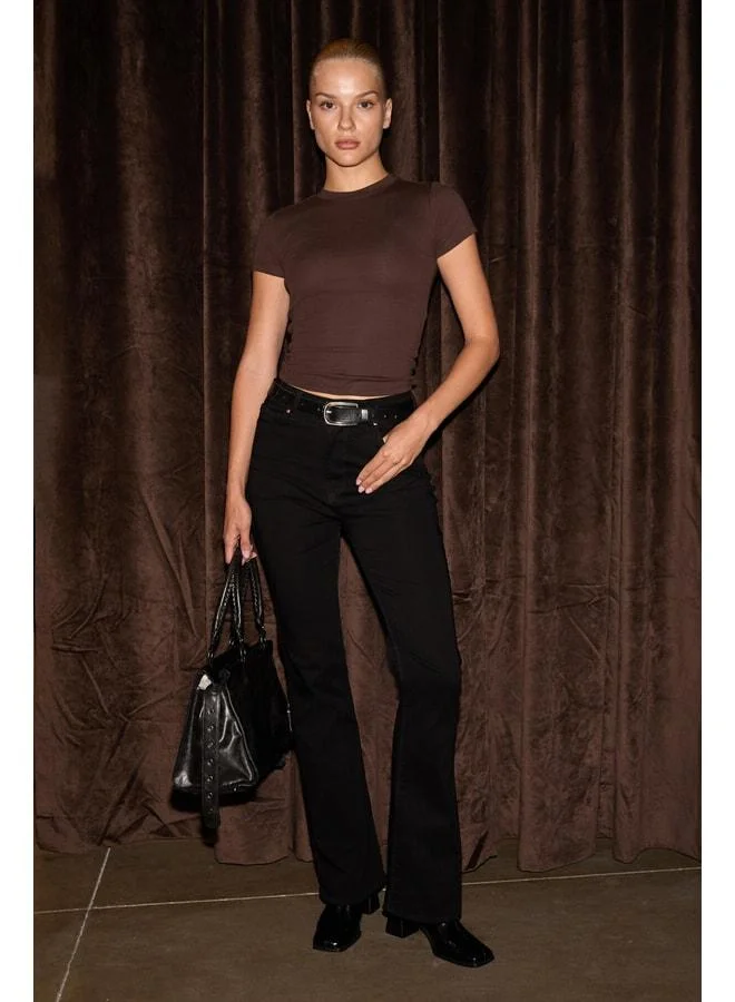 GRIMELANGE HOPEWELL Women's Round Neck Knit Slim Fit Dark Brown T-Shirt.