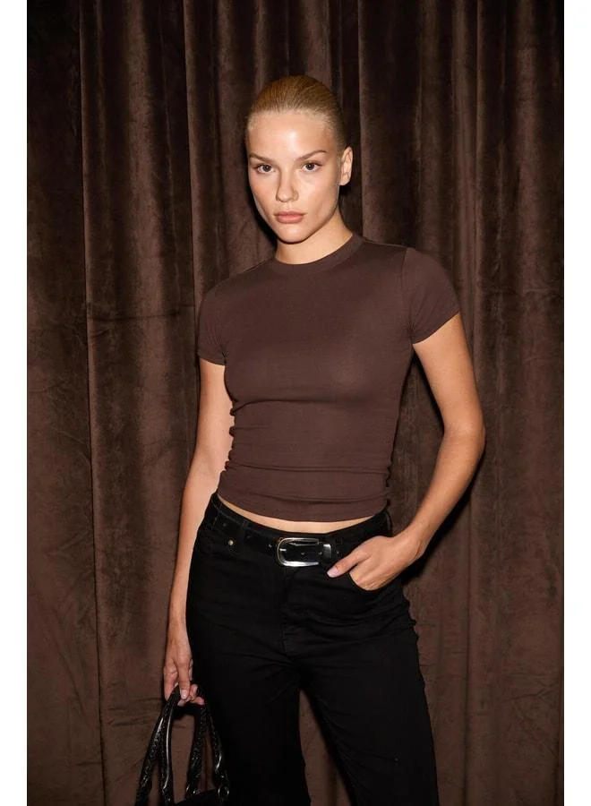 GRIMELANGE HOPEWELL Women's Round Neck Knit Slim Fit Dark Brown T-Shirt.
