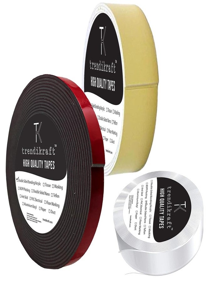 TRENDIKRAFT Pack of 3 Two Way Double Sided Tape Combo of Heavy Duty Acrylic Foam Tape For Car (5mtr), Transparent Nano Tape (3mtr) and Both Side Adhesive White Foam Tape (5mtr) For Wall Craft - Image 1