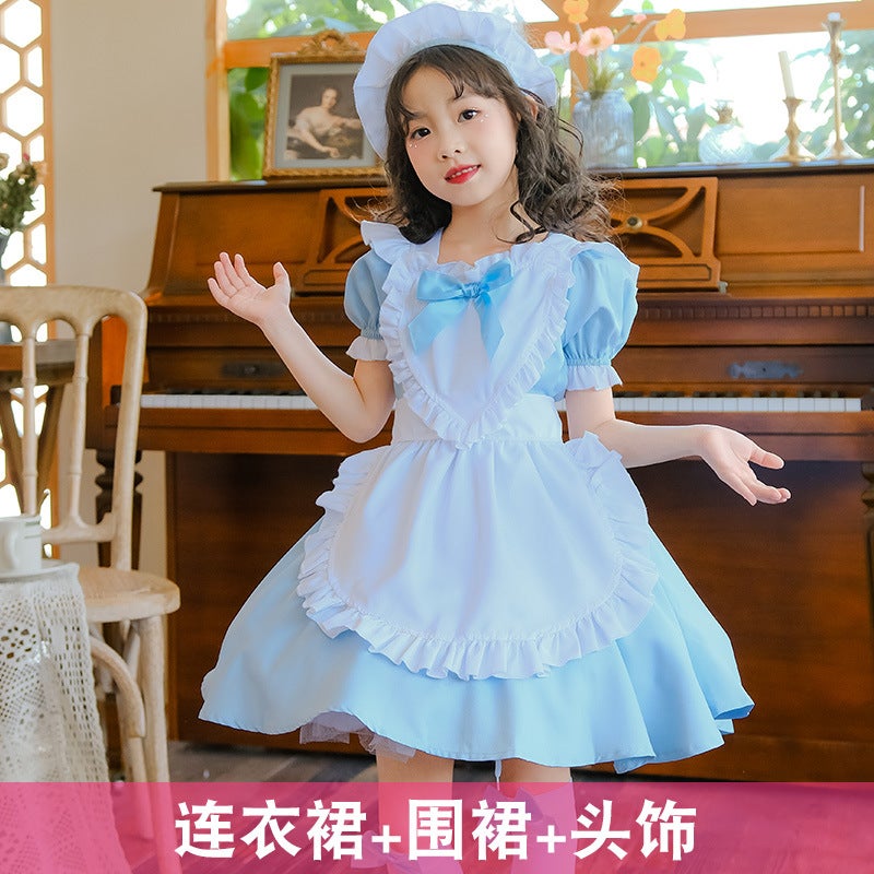 Kids Alice Blue Maid Lolita Dress Halloween Stage Costume Sky blue 3 piece set (without socks) 
