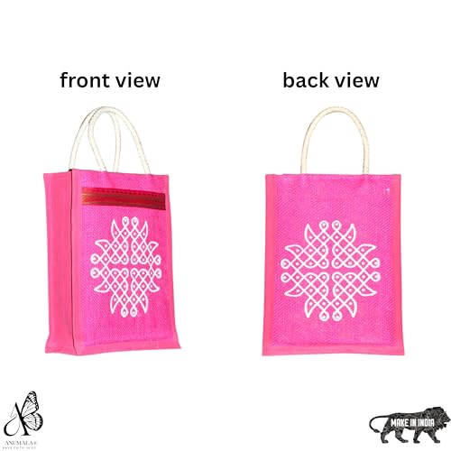 Anumala® Jute Bags with Contrast Kolam Print for Return Gifts | Thamboolam And Jute Bags | Wedding Return Gifts | Birthday Return Gifts | Event Return gifts Bag | Multicolor 8x4x10 inches… - Image 3
