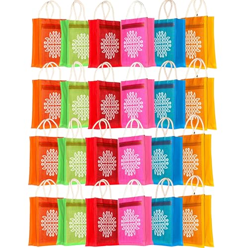 Anumala® Jute Bags with Contrast Kolam Print for Return Gifts | Thamboolam And Jute Bags | Wedding Return Gifts | Birthday Return Gifts | Event Return gifts Bag | Multicolor 8x4x10 inches… - Image 1