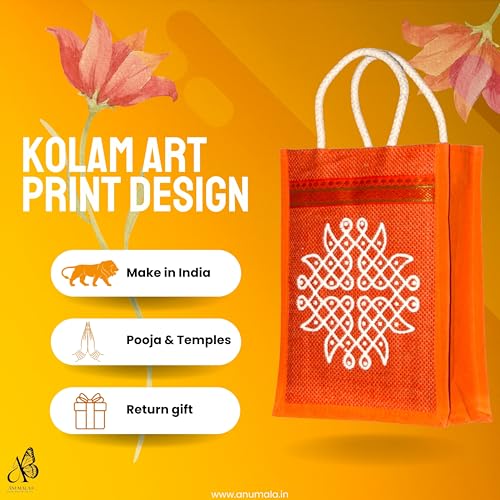 Anumala® Jute Bags with Contrast Kolam Print for Return Gifts | Thamboolam And Jute Bags | Wedding Return Gifts | Birthday Return Gifts | Event Return gifts Bag | Multicolor 8x4x10 inches… - Image 5