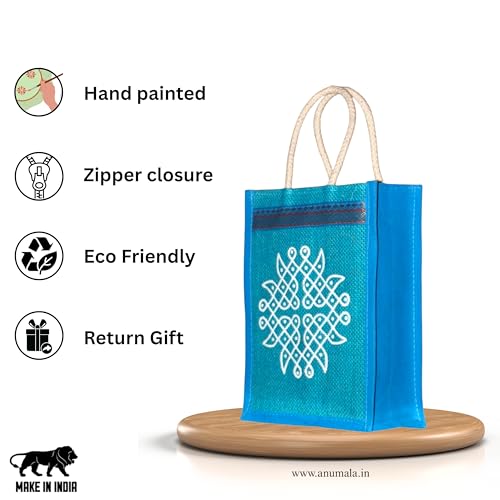 Anumala® Jute Bags with Contrast Kolam Print for Return Gifts | Thamboolam And Jute Bags | Wedding Return Gifts | Birthday Return Gifts | Event Return gifts Bag | Multicolor 8x4x10 inches… - Image 4