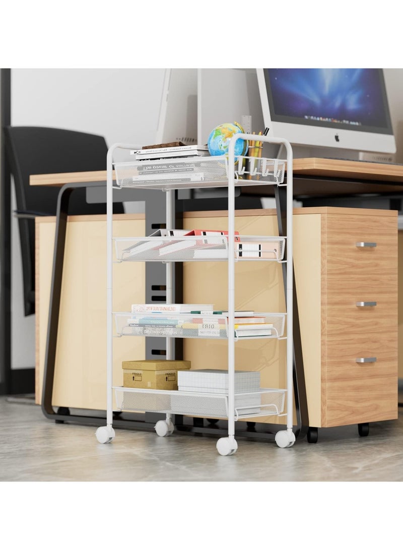 جورونب عربة دوارة سلكية شبكية من 4 طبقات، عربة أدوات تنظيم تخزين المطبخ، عربة تخزين فنية معدنية بالكامل مع عجلات و4 خطافات جانبية باللون الأبيض - Image 2