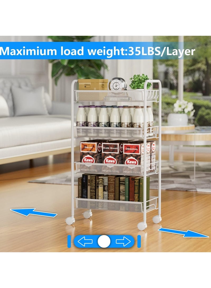 جورونب عربة دوارة سلكية شبكية من 4 طبقات، عربة أدوات تنظيم تخزين المطبخ، عربة تخزين فنية معدنية بالكامل مع عجلات و4 خطافات جانبية باللون الأبيض - Image 5