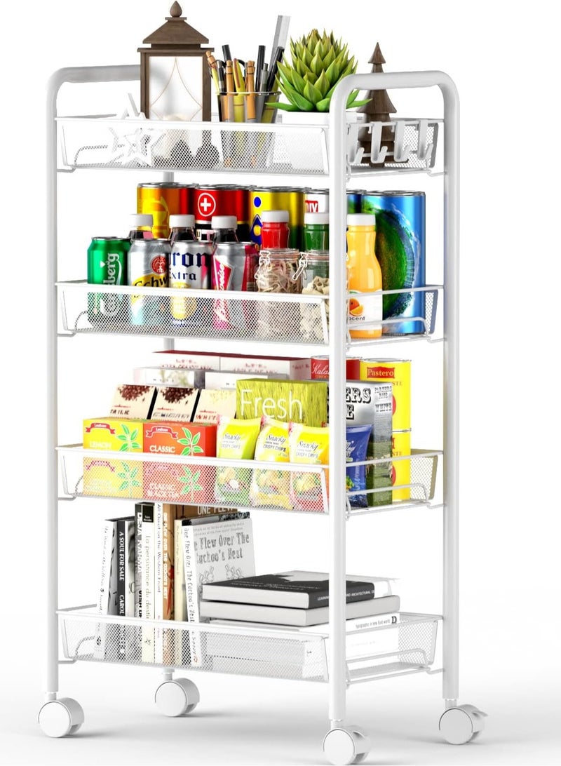 جورونب عربة دوارة سلكية شبكية من 4 طبقات، عربة أدوات تنظيم تخزين المطبخ، عربة تخزين فنية معدنية بالكامل مع عجلات و4 خطافات جانبية باللون الأبيض - Image 1