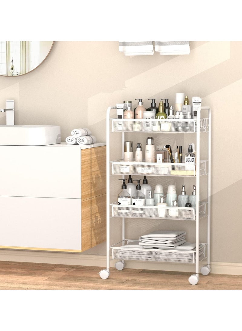 جورونب عربة دوارة سلكية شبكية من 4 طبقات، عربة أدوات تنظيم تخزين المطبخ، عربة تخزين فنية معدنية بالكامل مع عجلات و4 خطافات جانبية باللون الأبيض - Image 4