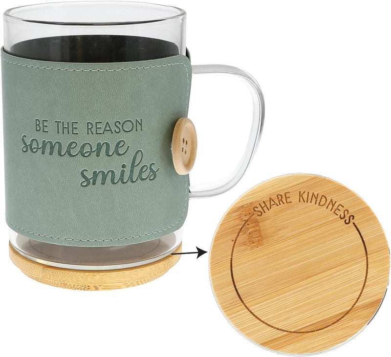 Pavilion Gift Company Pavilion Gift Company  Be The Reason Someone Smiles 16 oz Glass Coffee Cup Mug With Unique Green Wrap  Bamboo Coaster Cap 3 Piece Present Gift - Image 1