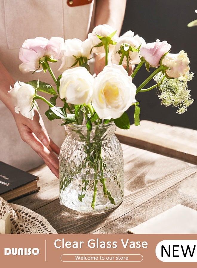 DUNISO Clear Glass Vase Embossed Flower Vase Transparent Vase for Flowers Modern Bouquet Vase for Home Decor Office Wedding Gift Dining Table Party - Image 1