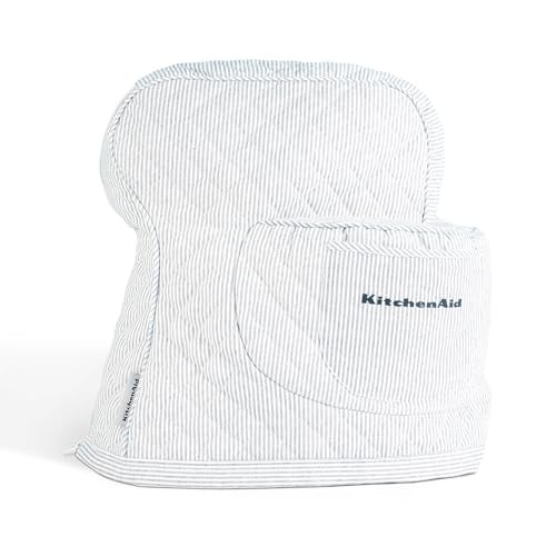 KITCHENAID Fitted Tilt-Head Stand Mixer Cover with Storage Pocket, Quilted 100% Cotton,14.4"x18"x10", Ticking Stripe Ink Blue - Image 1