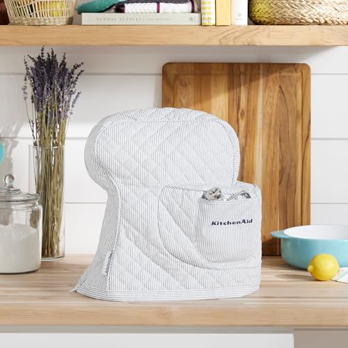 KITCHENAID Fitted Tilt-Head Stand Mixer Cover with Storage Pocket, Quilted 100% Cotton,14.4"x18"x10", Ticking Stripe Ink Blue - Image 2