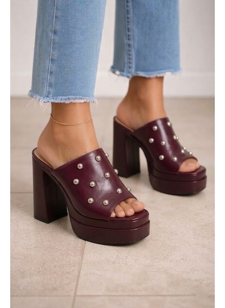 لايف ستيلاش  حذاء نسائي بكعب عالٍ من الجلد مرصع X-15 - نبيتي - Image 1