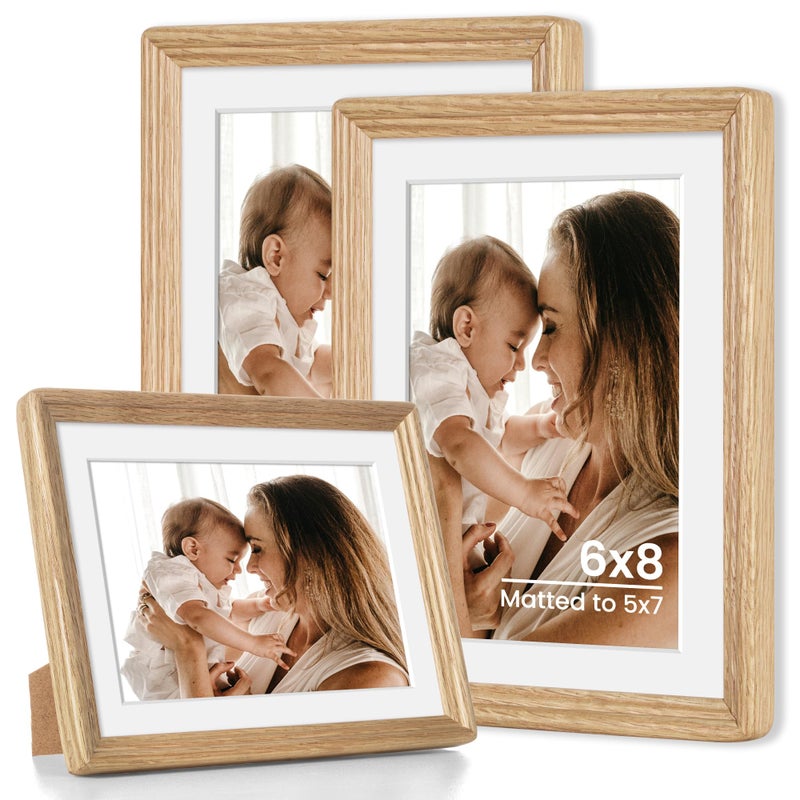 Axeman 6x8 Natural Solid Oak Wood Picture Frame with 5x7 Mat  Premium Rustic Wooden Photo Frames with Plexiglass  Poster Photo Frame Suitable for Gallery Wall Mount or Tabletop Display  3 Packs - Image 1