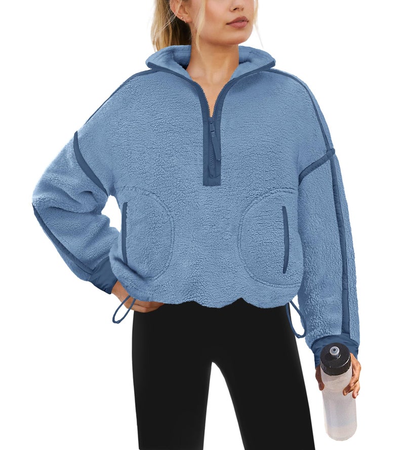 Yanekop Half Zip Pullover Women Oversized Fleece Jacket Sherpa Sweatshirt Fall Winter Cozy Sweaters with Pockets(Light Blue Mixed,L)