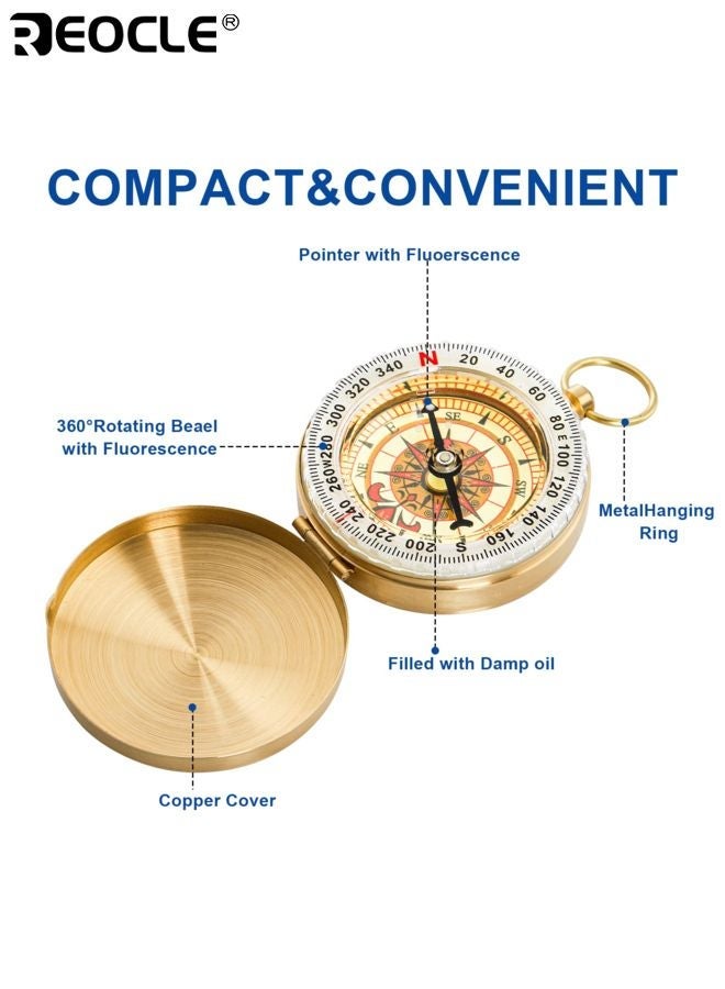REOCLE Luminous Copper Survival Compass Vintage Compass Waterproof Design High Accuracy Direction Finder Portable for Outdoor Mountaineering Camping Sports Adventure - Image 5