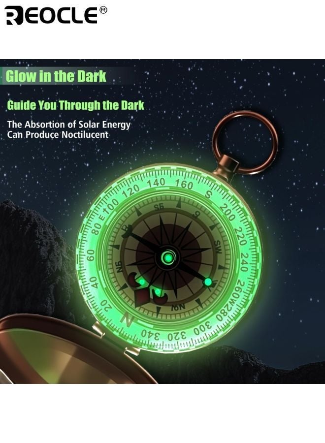 REOCLE Luminous Copper Survival Compass Vintage Compass Waterproof Design High Accuracy Direction Finder Portable for Outdoor Mountaineering Camping Sports Adventure - Image 4