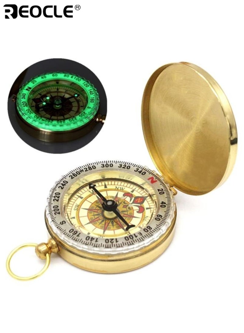 REOCLE Luminous Copper Survival Compass Vintage Compass Waterproof Design High Accuracy Direction Finder Portable for Outdoor Mountaineering Camping Sports Adventure - Image 2