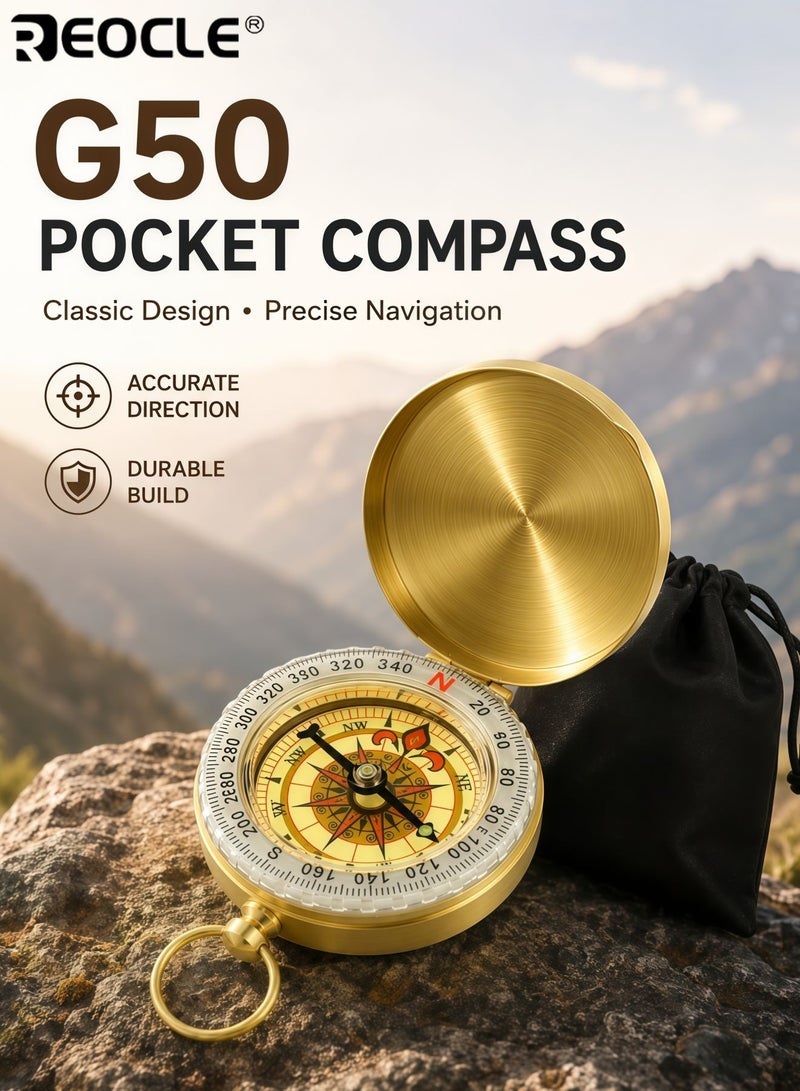 REOCLE Luminous Copper Survival Compass Vintage Compass Waterproof Design High Accuracy Direction Finder Portable for Outdoor Mountaineering Camping Sports Adventure - Image 1