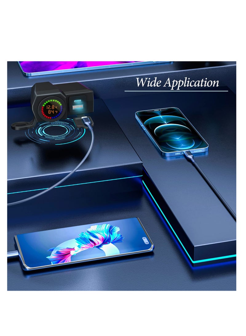 SOLARAE Motorcycle Phone Charger, Motorcycle Waterproof 3 in 1 USB Charger, With Voltmeter and Thermometer, Fast Charge QC 3.0/2.0 and PD, 12V for Motorcycle ATV UTV (7/8inch Handlebar) - Image 5