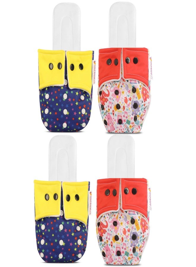IMPROVUS 100% Cloth Diapers for Babies (0-3 Years), Reusable, Washable & Adjustable Nappies Snap Buttons and Wet-Free Insert Pads (Yellow Mc & Red MC pack of 4 cloth diaper and 4 insert pads)