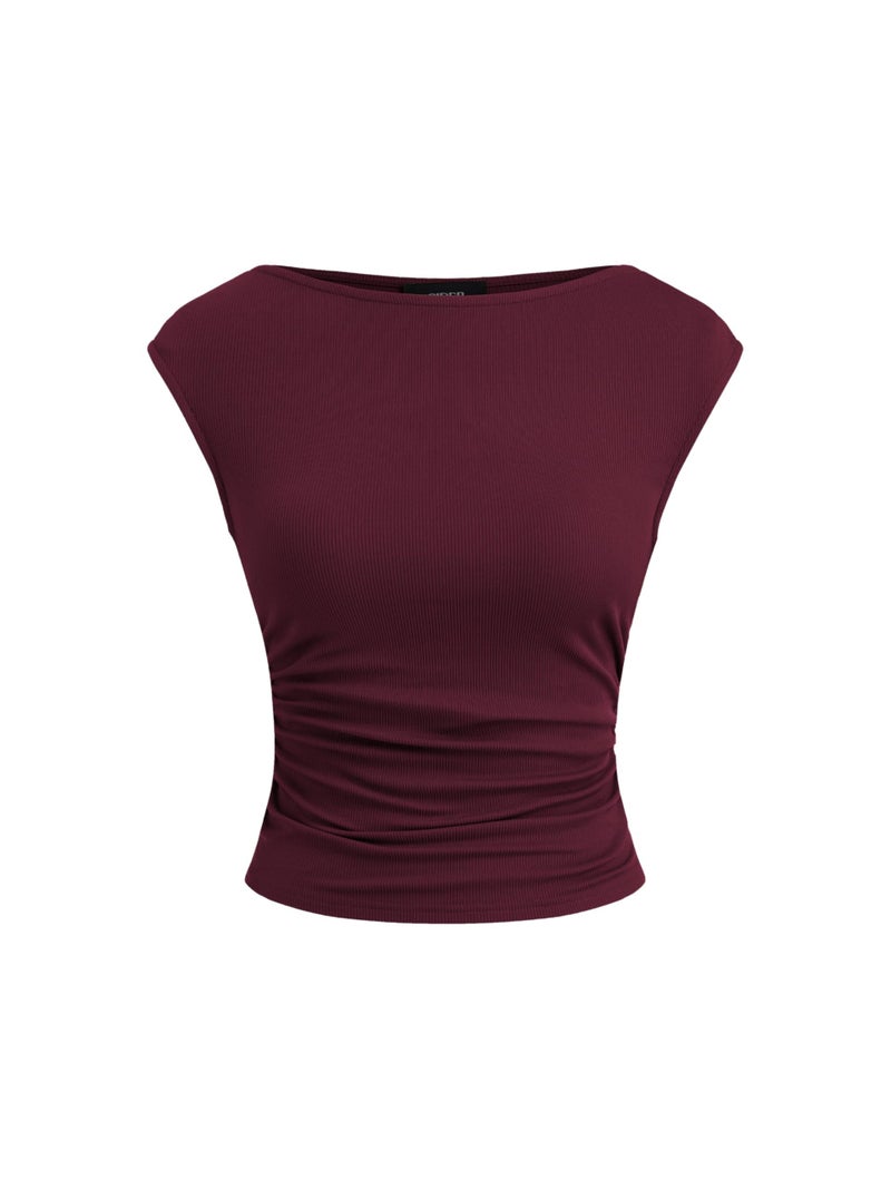 CIDER Boat Neck Tops for Women Sleeveless Ruched Crop Tank Tops Slim Fit Trendy Summer Outfits Casual Tee Shirt Burgundy - Image 1