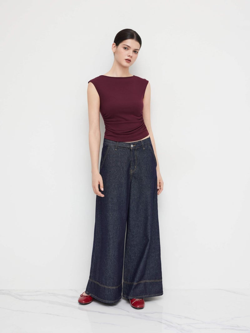 CIDER Boat Neck Tops for Women Sleeveless Ruched Crop Tank Tops Slim Fit Trendy Summer Outfits Casual Tee Shirt Burgundy - Image 5