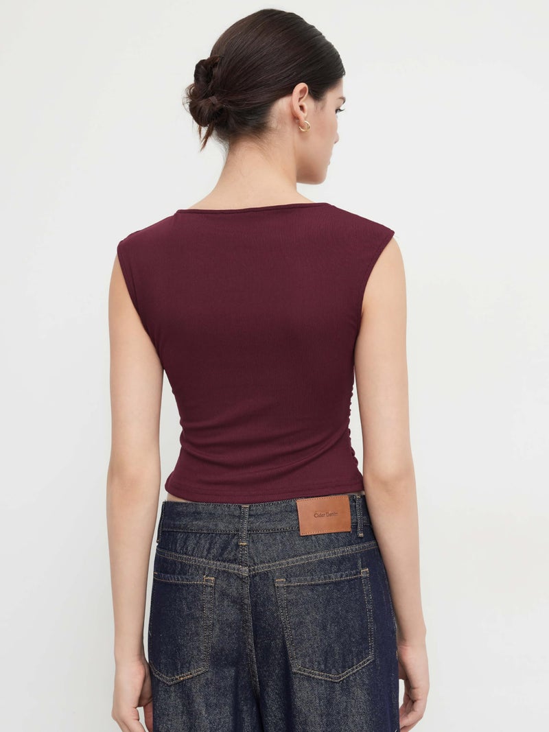 CIDER Boat Neck Tops for Women Sleeveless Ruched Crop Tank Tops Slim Fit Trendy Summer Outfits Casual Tee Shirt Burgundy - Image 4