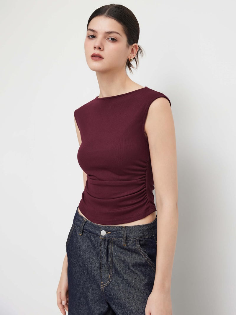 CIDER Boat Neck Tops for Women Sleeveless Ruched Crop Tank Tops Slim Fit Trendy Summer Outfits Casual Tee Shirt Burgundy - Image 3